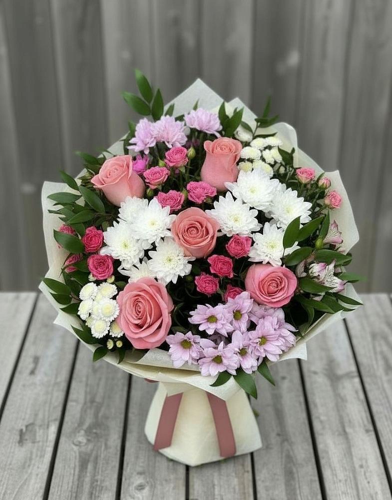 Букет цветов из: Альстромерии, Гвоздики, Розы и Хризантемы в Подберезье