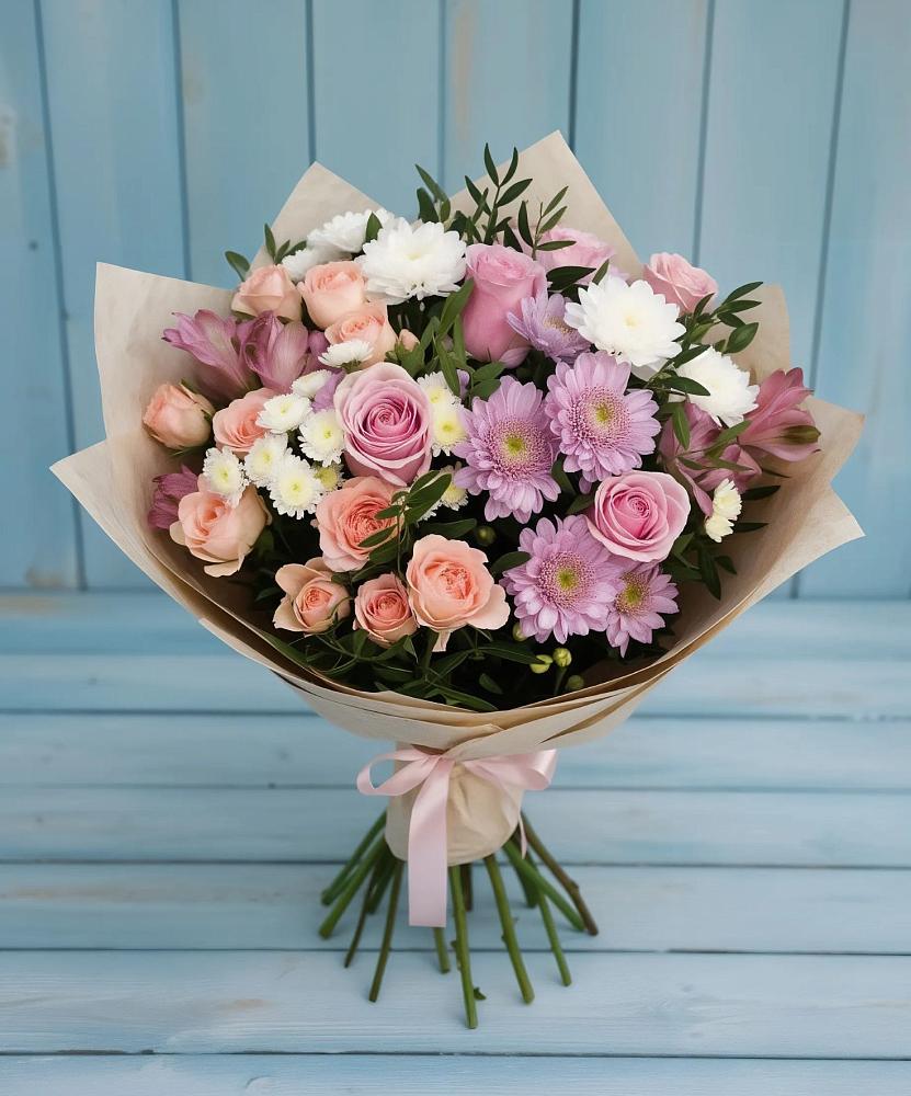 Букет цветов из: Хризантемы, Розы и Альстромерии в Подберезье