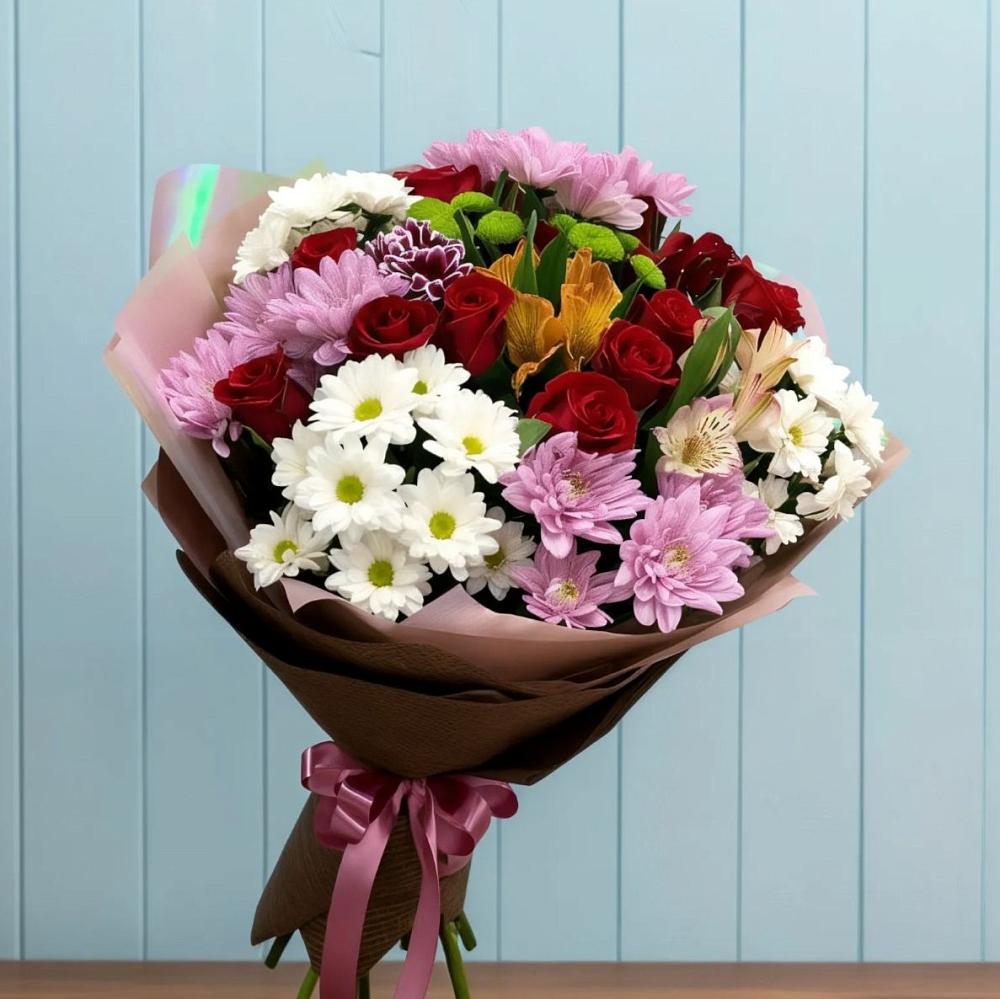Букет цветов из: Розы, Хризантемы и Альстромерии в Подберезье